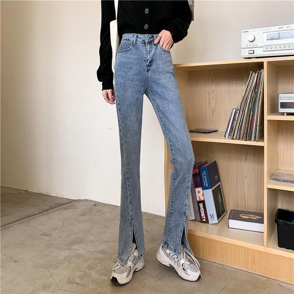 

women's jeans high waist flare woman loose korean style slim solid color split full-length casual mom streetwear boyfriend, Blue