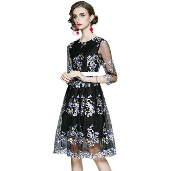 

casual dresses spring designer women luxury embroidery floral dress elegant cocktail party robe ladies vintage mesh vestidos, Black;gray