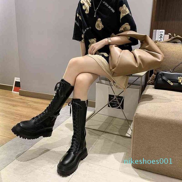 

bright leather motorcycle boots women's high boots winter long tube boot lady mid-calf low heel shoes cool cowboy botas mujer x1, Black