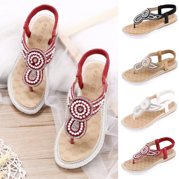 

summer sandals women ladies flat bohemia style string bead sandals female soft beach casual shoes chaussures plus size c40#, Black