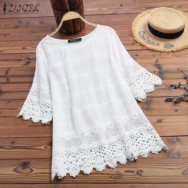 

women's blouses & shirts embroidery blouse 2021 zanzea elegant lace summer hollow blusas female long sleeve solid tunic plus size, White