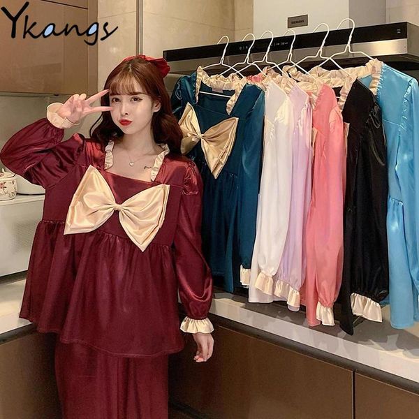 

women's two piece pants big bow ice silk cotton long-sleeve pajamas spring sweet lovely night suit fashion romance female clothing set, White