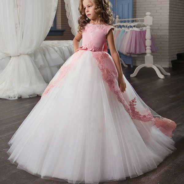 Flower Big Bow Long Abiti da ballo Adolescenti Adolescenti 3-14 anni Abiti per bambina bambini abbigliamento per bambini bambini abito formale per matrimonio 210303