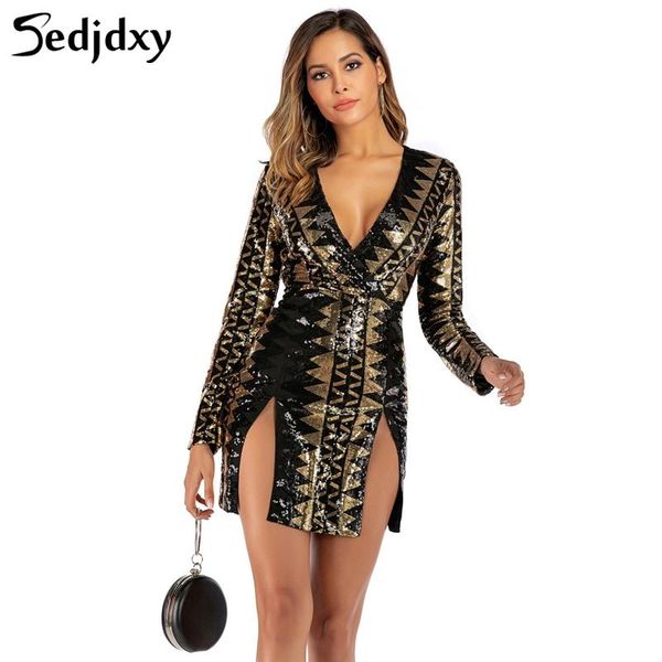 

casual dresses 2021 fashion sequin skinny hip dress v-neck backless long sleeve mini party nightclub wear vestidos, Black;gray