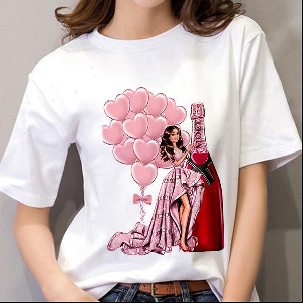 

summer women t shirt fashion beauty champagne pattern printing tshirt harajuku leisure streetwear female clothing tshirt drop shipping, White