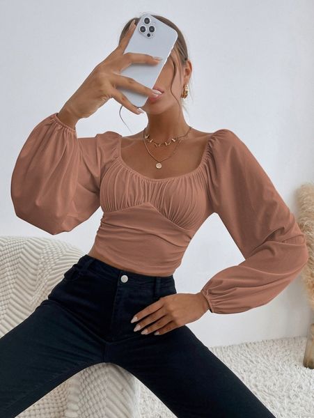 

sweetheart neck lantern sleeve crop c7qf#, White