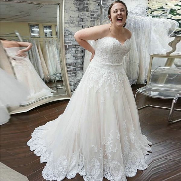 

plus size sweetheart wedding dresses 2021 backless lace applique tulle bridal gowns a line vestidos, White