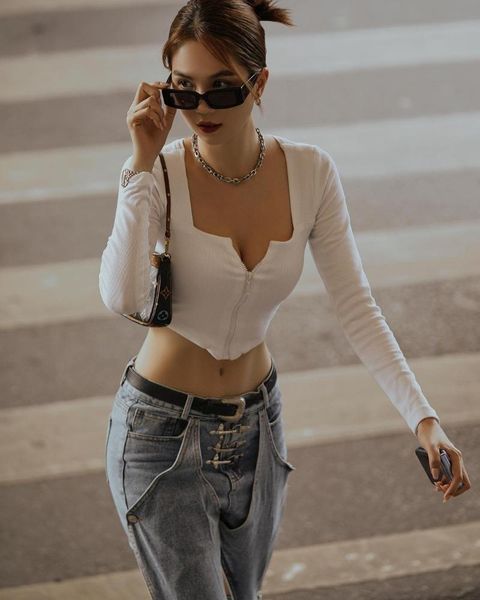 

women's t-shirt 2021 women fashion long sleeve zipper simple solid color comfortable crop ladies female, White