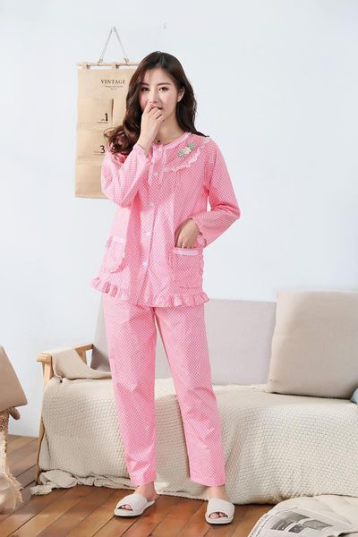 

100% cotton pajamas set women print flower pyjama long sleeve shirt pants 2piece/set big size home mom sleepwear, Black;red