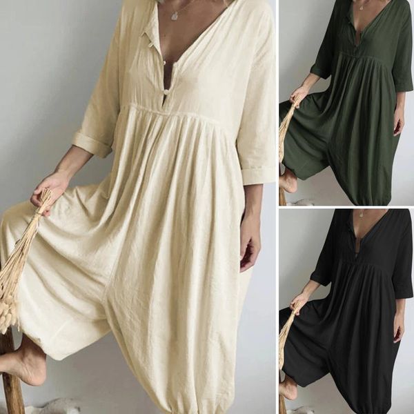 

2021 autumn long sleeve jumpsuits women's vintage drop-crotch rompers casual solid harem romper loose plus size playsuit overall, Black;white