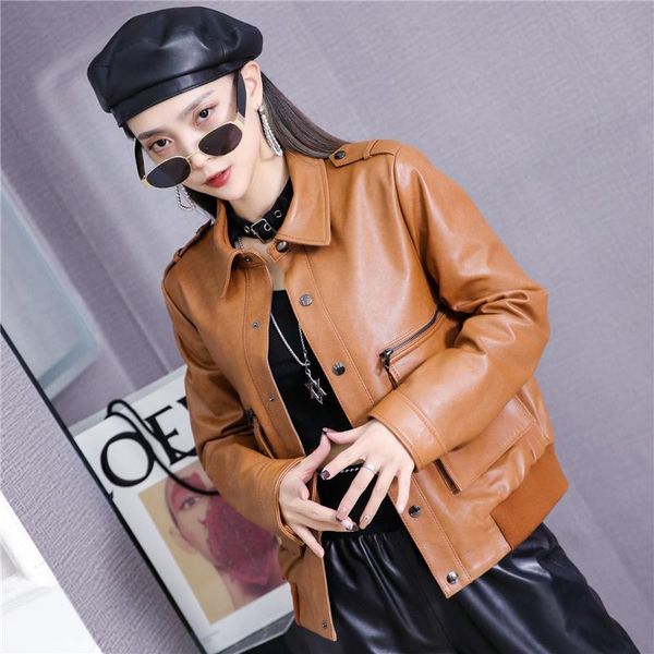 

women's leather & faux safari womens style real cargo jacket office lady sheepskin long sleeve slim short coat autumn winter streetwear, Black