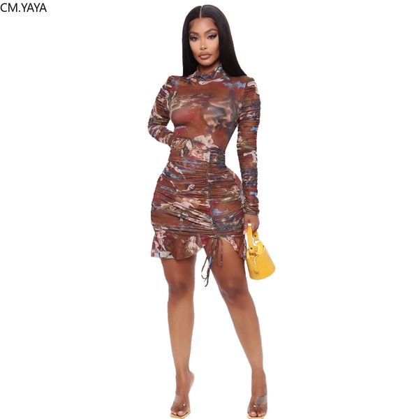 

cm.yaya vintage active wear angel print long sleeve o-neck ruffles tie up stacked women midi bodycon mini dress vestidos 210302, Black;gray
