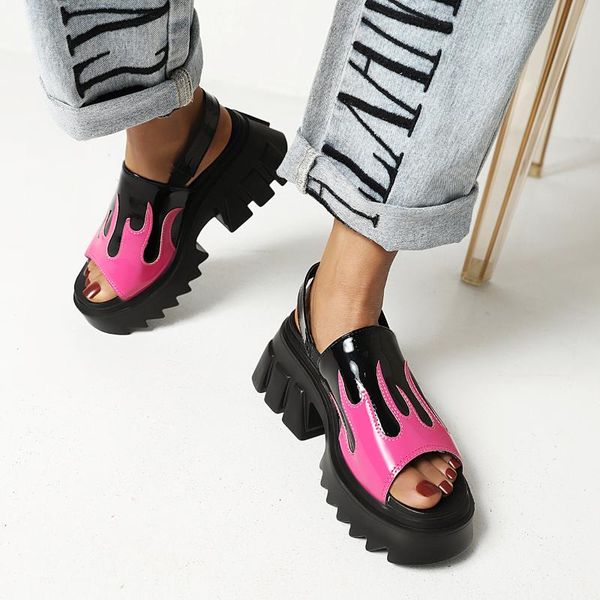 

sandals 2021 summer open toe platform buckle shoes women soft leather thick sole comfort gothic style woman chunky heels, Black