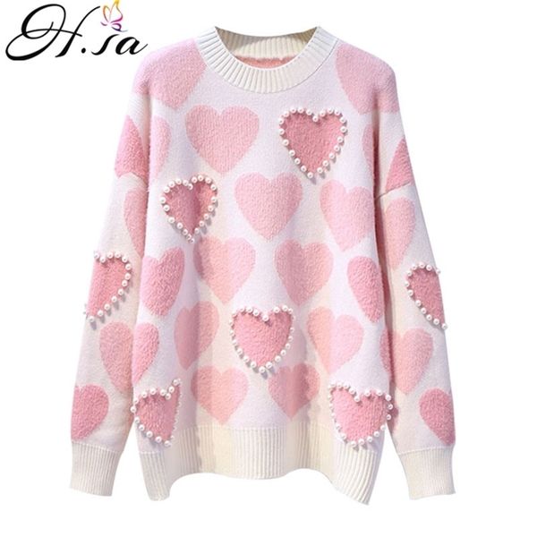 H.SA Damen Strickpullover und Pullover Oneck Perlen Perlenpullover Sweet Heart Jumper Langarm Kawaii Femme 210914