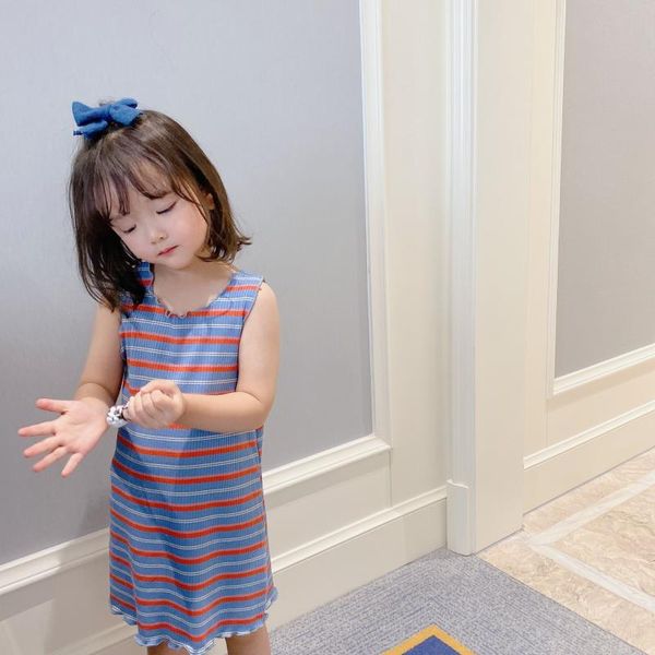 

vest girls sleeveless striped dress cotton thin all-match long tees, Blue
