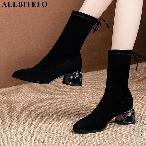 

boots allbitefo crystal heel pure color comfortable slip-on women fashion style ankle spring autumn, Black