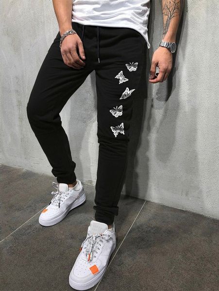 

men butterfly print sweatpants i49l#, Black