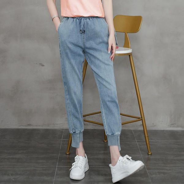 

women's jeans light blue straight tube summer thin 2021 fashion slim fit small feet show capris