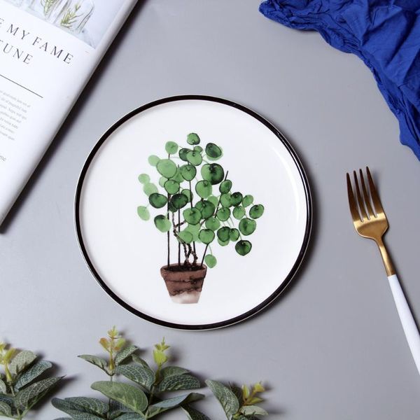

dishes & plates 8inch green plants pattern porcelain dinner serving round tableware dinnerware set ceramic dessert spaghetti dishware