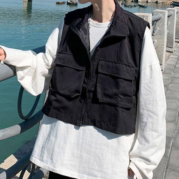 

men's vests summer tooling handsome jacket vest solid color trend loose casual big pocket, Black;white