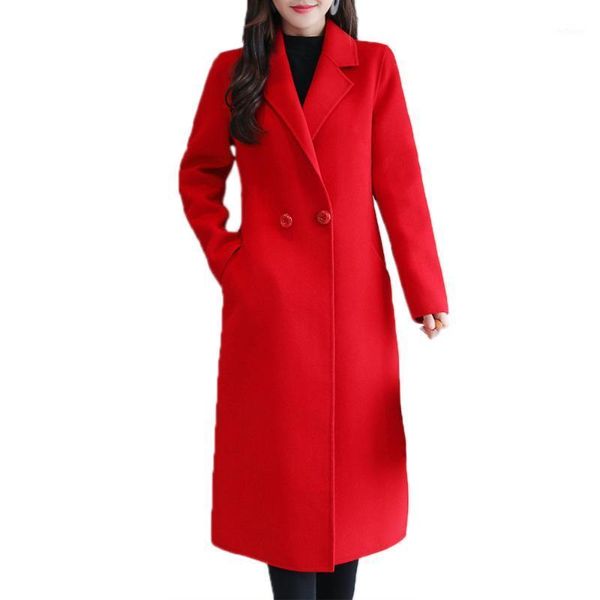 

women's wool & blends pure color winter women coats turn dowen collar mid-length outwear wools coat korean elegant office lady overcoat, Black