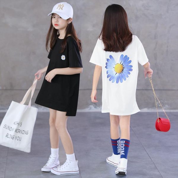 

summer white t shirt for children cotton short sleeve daisy print korean girls long shirts teenage clothes 5 8, Blue