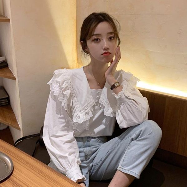 

women's blouses & shirts designer autumn ruffles doll collar solid white shirt flare long sleeve office loose femalemyself