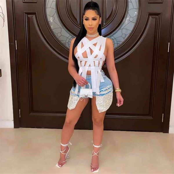 

women's swimwear women strappy cross over club bandageteen o-neck sleeveless backless t-shirt summer hollow out woman cl, White;black