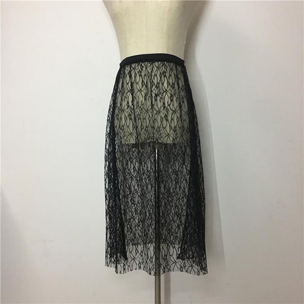 

skirts women casual lace mesh skirt spring summer elegant high waist elastic floral hollow out a-line see through tulle long, Black