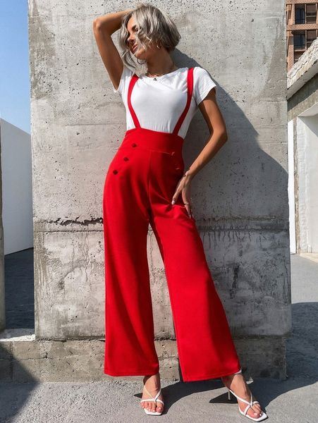 

fake button wide leg overalls without tee 81fz#, White