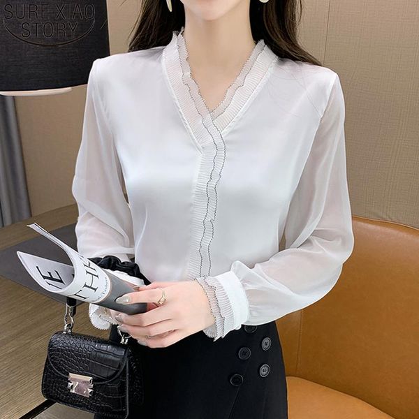 

women's blouses & shirts elegant office lady chiffon blouse fashion v-neck ruffles long sleeve autumn shirt women 2021 white blusas 17