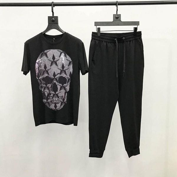 

men's tracksuits cartoon explosive skull men t-shirt jogger tracksuit fashion personality rhinestone sets handsome short sleeve, Gray