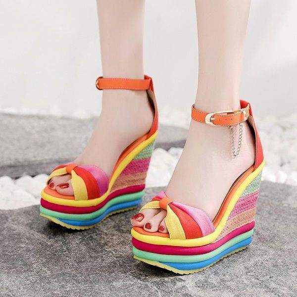 

summer wedges shoes for woman rainbow bow fashion outdoor high heel sandals1, Black