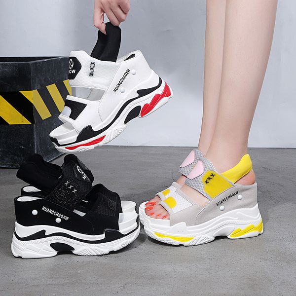 

10cm/3.9 height shoes woman wedge open toed sandals thick bottom women shoes summer chunky sandals high heels sandalias mujerdress shoes, Black