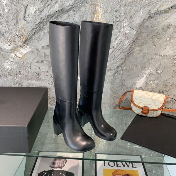 

boots women round-toes slip on high heels ladies black genuine leather knee-length botas de mujer designer shoes