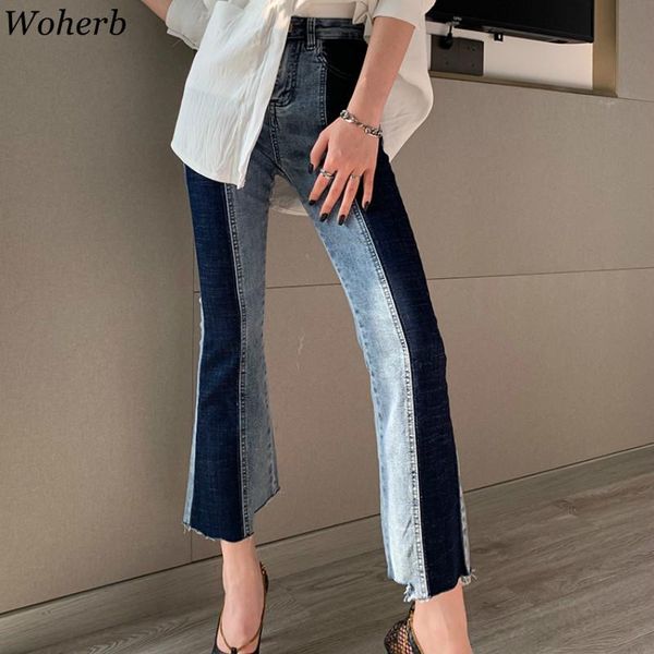 

women's jeans woherb casual high-waisted woman irregular contrast color flared trousers ladies chic stretch patchwork denim pants 2021, Blue