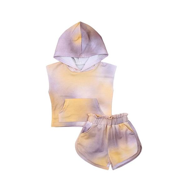 

2021 summer new style baby's clothing set tie-dye sleeveless hoodie and shorts two-piece suit for birthday party pgraphy, White