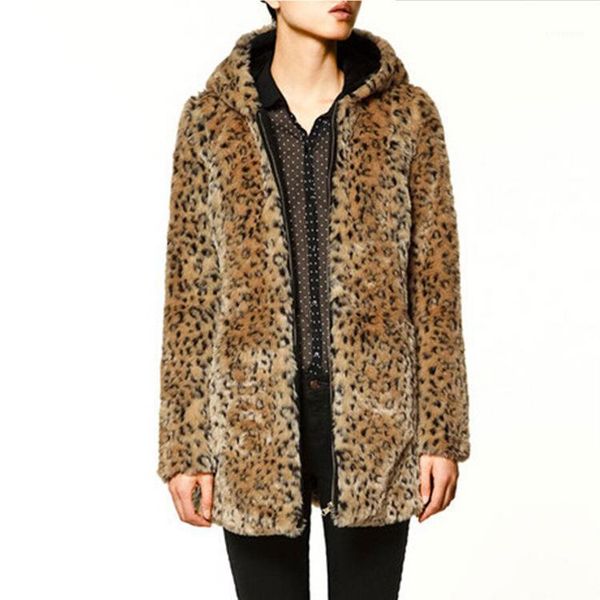 

women's fur & faux 2021 autumn/winter ultra-thick leopard print and mid-length hoodie women's coat jacket, Black