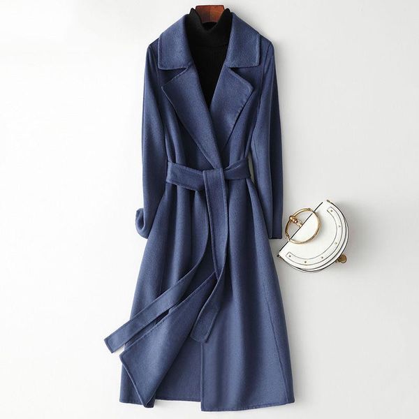 

women's wool & blends arrival coat brand winter woolen vintage thick cashmere solid female overcoat sashes long outwears, Black