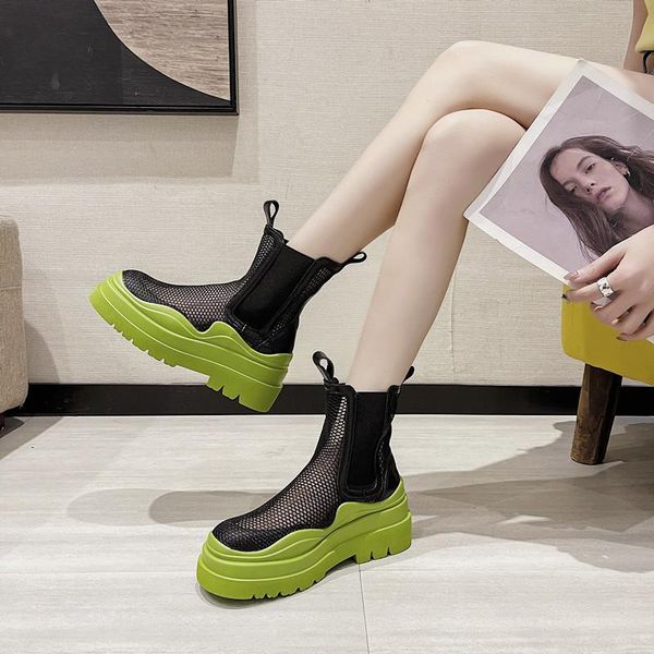

boots 2021 hollow mesh summer thick-heeled british style women's short avocado color tide platform thick-soled smoke, Black