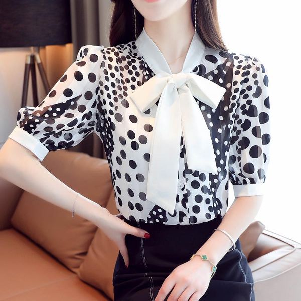 

plus size blusas mujer de moda 2021 shirt korean chiffon blouse women summer polka dot blouse shirt print bow collar, White