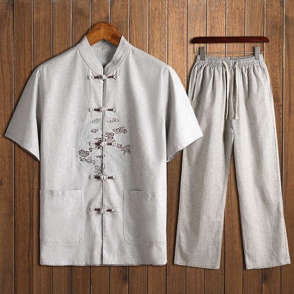

summer short sleeve tang suit middle aged men's hanfu father suits, Gray