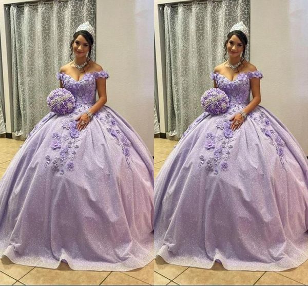 Glitter Tulle 3D Flores 2022 Quinceanera Vestidos Lavanda Appliqued Sweet 16 Vestido Princesa Bola Vestidos Prom Vestido Formal