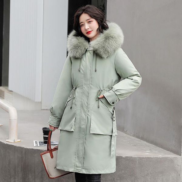 

women's down & parkas 2021 long hooded parka with fur winter jacket women casual adjustable waist cotton liner coat three ways to wear, Black