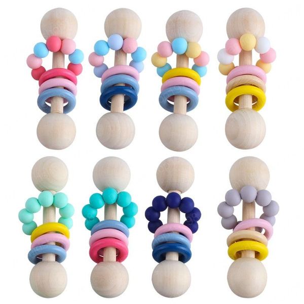 

2021 baby teethers teething natural wooden ring teethers infant fingers exercise toys silicon beaded soother baby toy