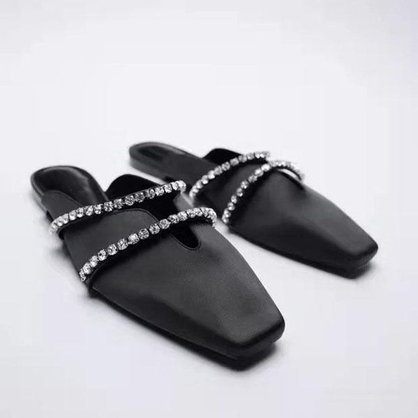 

slippers crystal mules shoes fairy outside half string bead women 2021 early spring black square head
