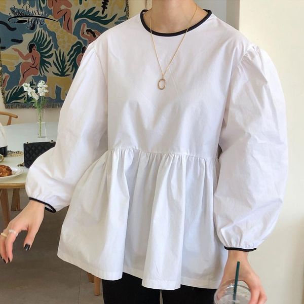 

women's blouses & shirts 2021 autumn korean sweet women doll shirt causal puff long sleeve hit color o-neck blouse blusas feminimos whi, White