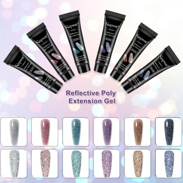 

nail gel supwee 6pcs/set glitter poly extension semi permanent soak off uv reflective effect builder all for manicure, Red;pink