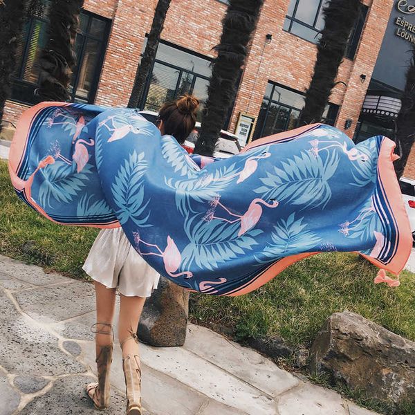 

flamingo print bearded cotton linen shawl women's korean fashion versatile travel sunscreen silk scarf, Blue;gray