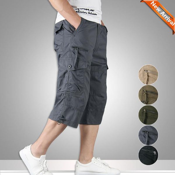 

men's long length cargo shorts summer multi-pocket casual cotton elastic pants male tactical short breeches, White;black